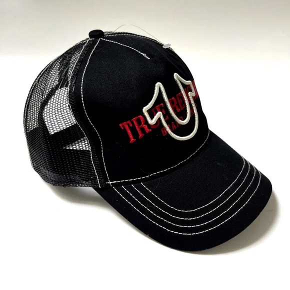 NWT Original TRUE RELIGION Trucker Baseball Cap Embroidered Black Stitched Mesh